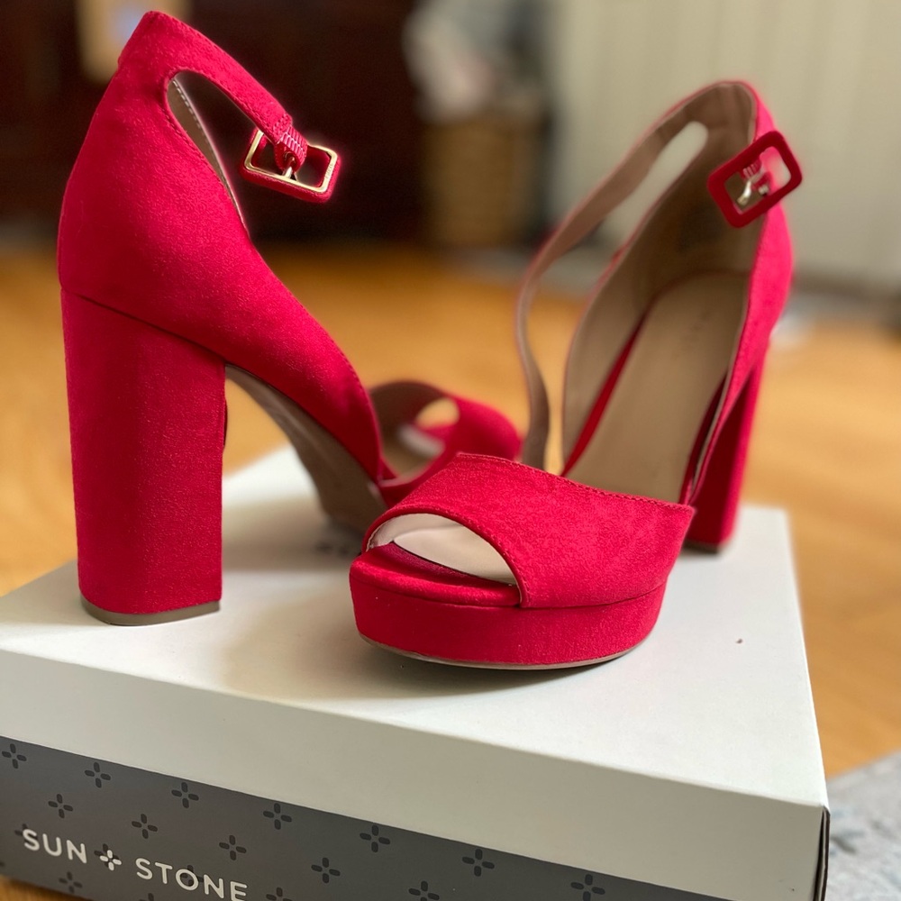 Sun + Stone red block heels 8.5